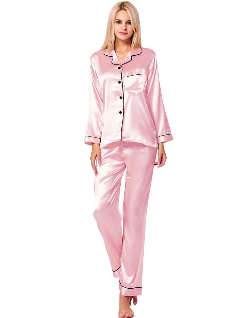 SWOMOG Womens Silk Satin Pajamas Long Sleeve Loungewear Two-piece Sleepwear Button-Down Pj Set Pink - Image 3